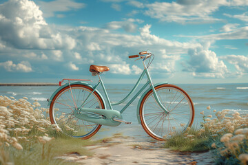 A blue bicycle stands across the road against the backdrop of a beautiful sea landscape. World Bicycle Day