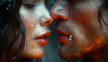 World kiss day. Close-up of a man and woman touching each other passionately, drops of water on their faces