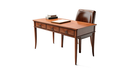 Fototapeta premium Classic wooden desk with brown leather chair and books on white background 3d rendering