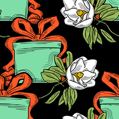 Gift box, ribbon and flowers seamless pattern for wrapping present with bow, party celebration, sale promotion, Textile print, fabric design, banner background. Hand drawn illustration cartoon style.