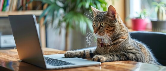 Domestic cat looks intently at the laptop screen while sitting at the office table