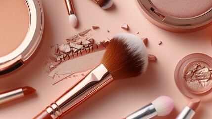 Elegant powder brush in focus, surrounded by eye makeup essentials, capturing the essence of makeup precision