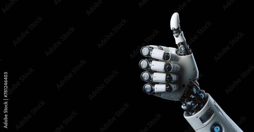 Wall mural robot thumb up right hand. robot hand thumbs up. robotic hand thumbs up. white robotic thumb up blac