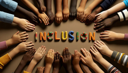diverse children's hands with text " inclusion"