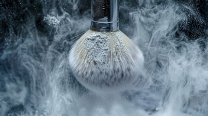 Artistic snapshot of a powder brush in action, its soft, dense bristles achieving flawless makeup coverage
