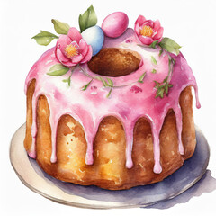 Watercolor painting of delicious Easter bundt cake with pink glazing. Tasty holiday dessert.