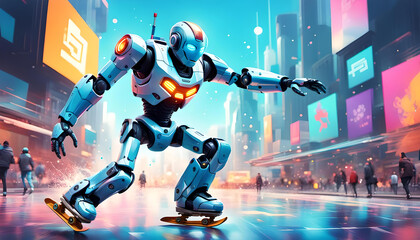 witziger humanoider Roboter in hell blau läuft Schlittschuh, vor einem Hintergrund einer modernen Straße Großstadt, selbständig, moderne Technik und Entwicklung, künstliche Intelligenz, Japan