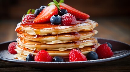 Homemade pancakes with fresh berries and maple syrup for breakfast with space for text