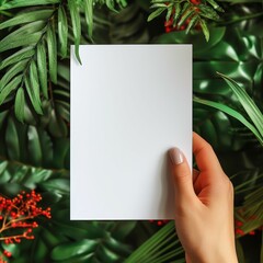 Mock up of a blank card held by a female hand against a vibrant tropical foliage background