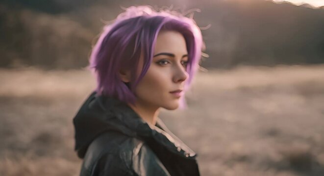 Young woman with lilac hair.