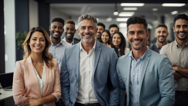 Grupo de personas multicultural en una empresa frente a la c&aacute;mara sonriendo con actitud positiva y de &eacute;xito. Imagen de motivaci&oacute;n empresarial.