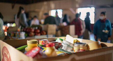 Cardboard box filled with various food items stands in the volunteer center. Charity, donation and volunteering concept
