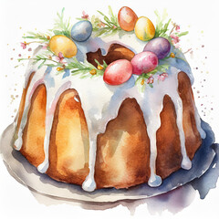 Watercolor painting of delicious Easter bundt cake with white glazing. Tasty holiday dessert.