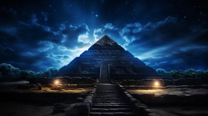 Majestic pyramid shining brightly in the moonlight, located on the mountain summit - obrazy, fototapety, plakaty