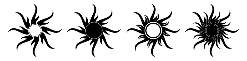 Abstract black vortex icons and logos set. Abstract sun sign. Modern vector illustration isolated on white background.