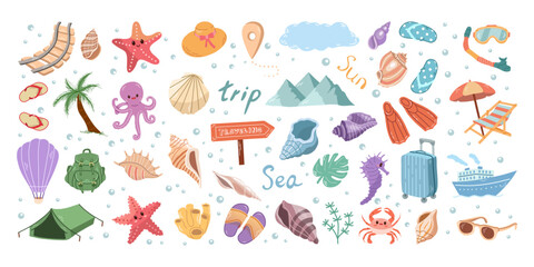Hand-drawn colored sketch set of travel icons. Tourism and camping adventure icons. Сlipart with travelling elements: marine life, flip-flops, luggage, shells, hat, mountains etc.