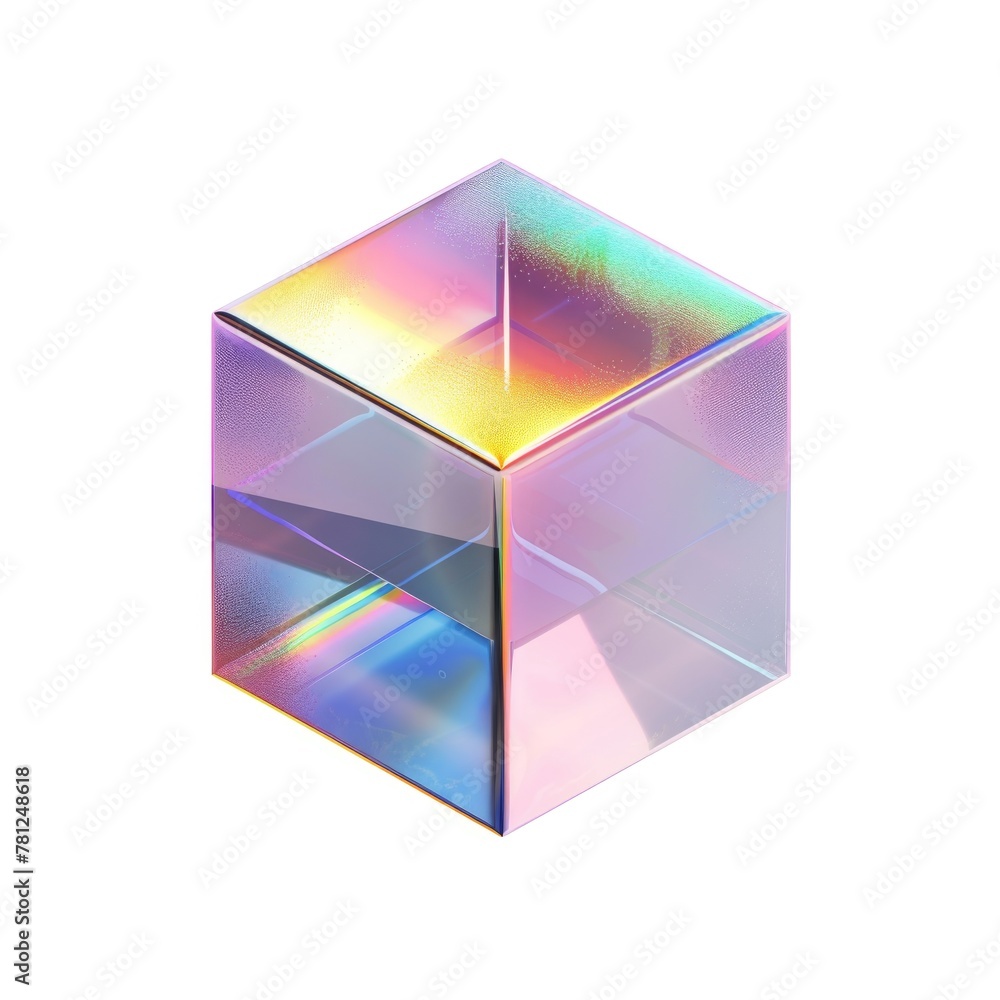 Poster perfectly shaped cube with an iridescent surface, reflecting a spectrum of colors