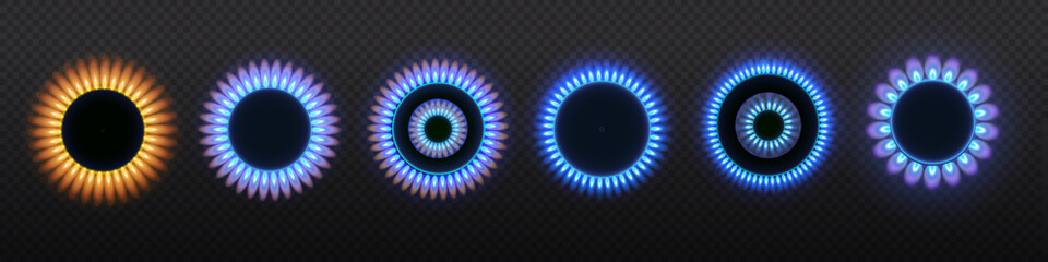 Gas burners, blue flame, top view isolated on a transparent background. Stove with burning gas. Vector illustration