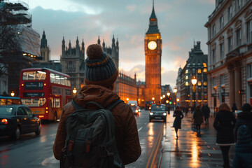 Big Ben and red double decker bus. Lifestyle travel photo in  London, England.