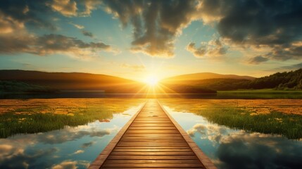 Tranquil sunrise over a wooden path winding through a lush swamp on a serene summer morning