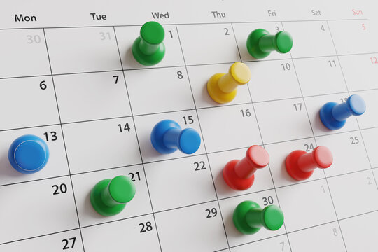 Monthly calendar pinned with push pins of different colors. Illustration of the concept of business schedules, event dates, due dates, deadlines