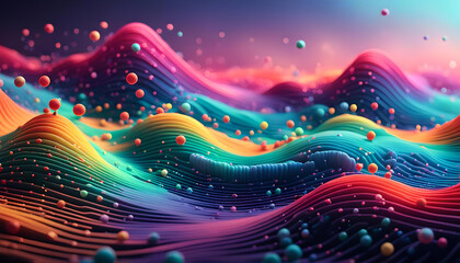 Hintergrund und Vorlage aus regenbogen bunten dynamischen Wellen 3D Landschaft mit Fraktalen Linien uund Punkten schwebend, wie technische Analyse Auswertung moderne Technik Struktur Steuerung - obrazy, fototapety, plakaty