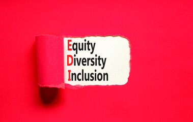 EDI equity diversity inclusion symbol. Concept words EDI equity diversity inclusion on white paper on beautiful red background. Business EDI equity diversity inclusion concept. Copy space.