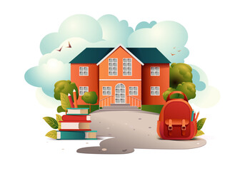 School building exterior of university, college, high school or public library. Vector cartoon illustration of landscape with stack of books and schoolbag in the foreground