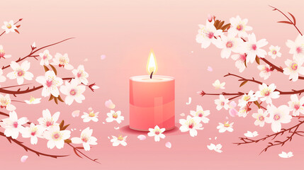 Pink candle with cherry blossoms on a soft background, springtime freshness and soothing relaxation. Banner design.