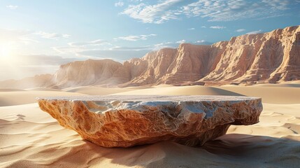 Stone podium for product presentation in sandy desert. Generative AI
