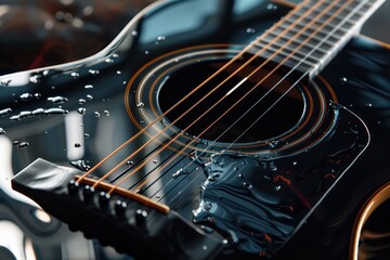 Wet acoustic black guitar closeup, rock music background. Generative AI