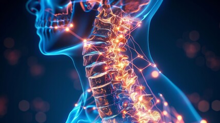Glowing neural pathways depicting neck strain, deep blue ambiance, emphasis on cervical spine