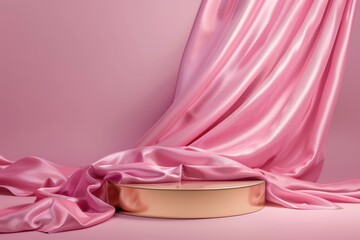 Empty golden podium product presentation on pink background. Generative AI