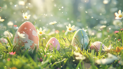 Easter background with flowers and eggs, illustration, colorful, detailed, vintage style, pastel...