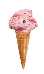 Strawberry Chocolate Chip Ice Cream Cone Isolated on Transparent Backdrop, PNG File