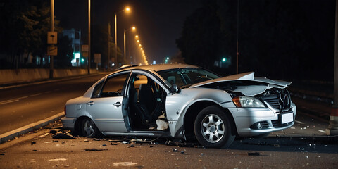Cars crashed heavily in road accident after collision on city street at night - obrazy, fototapety, plakaty