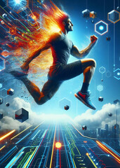 man running hight speed with technology background