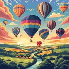 Obraz premium A painting of hot air balloons in the sky with a river below
