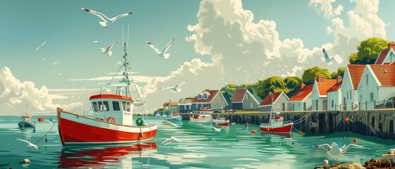 A red boat is in the water with a group of seagulls flying in the background - obrazy, fototapety, plakaty