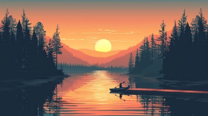 A man is in a canoe on a lake at sunset - obrazy, fototapety, plakaty