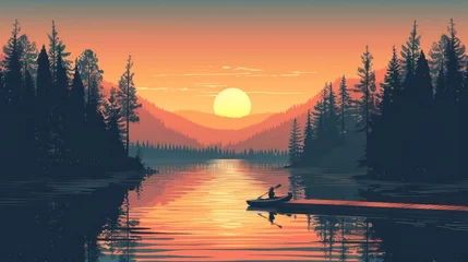 Foto op Canvas A man is in a canoe on a lake at sunset © Woraphon