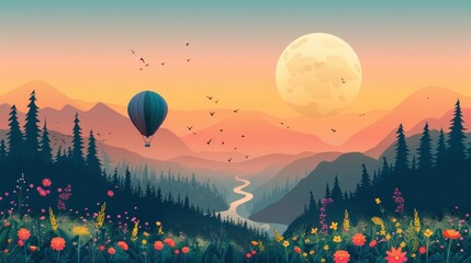 A hot air balloon is flying over a mountain range with a large moon in the sky
