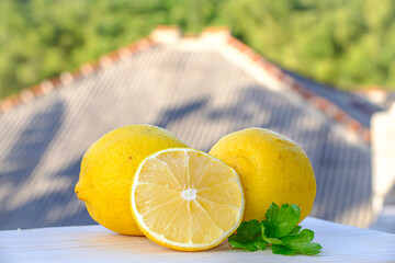a lemon with a fresh yellow shell and wrapped in mint leaves 
