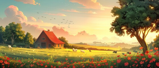 A peaceful countryside scene with a red house and a tree in the background - obrazy, fototapety, plakaty