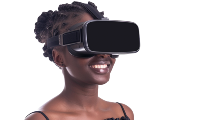Woman with glasses of virtual reality on transparent background. Future technology concept.