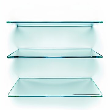 A trio of modern glass floating shelves with sleek edges isolated on a white background