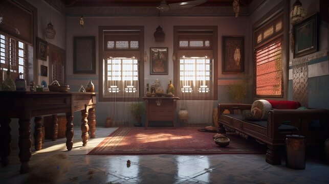 Design of a cozy living room interior in a modern indian style. AI generated.