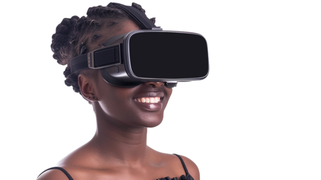 Woman with glasses of virtual reality on transparent background. Future technology concept.
