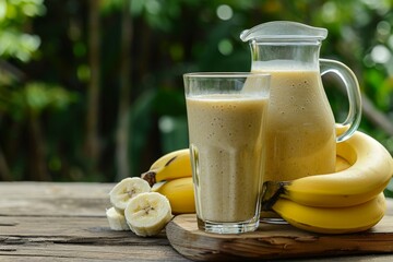 A jug and a glass of banana smoothie on a wooden table outdoors. A beverage like banana milkshake, banana juice or banana smoothie.