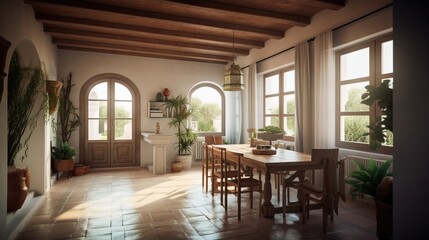 Fototapeta na wymiar Design of a cozy living room interior in a modern mediterranean style. AI generated.